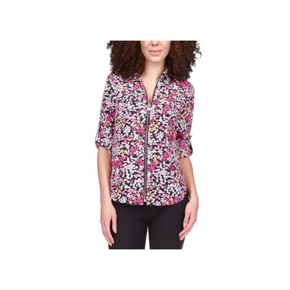 MICHAEL KORS Womens Zippered Shirttail Hem Floral Roll-tab Sleeve Collared Top